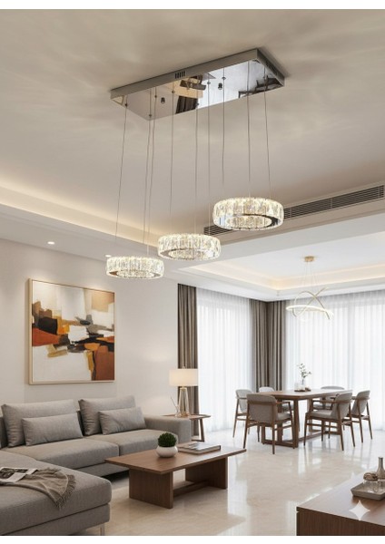 Plaket Kristal Taş Işlemeli Krom Paslanmaz Ledli Avize 20 cm Yemek Masası