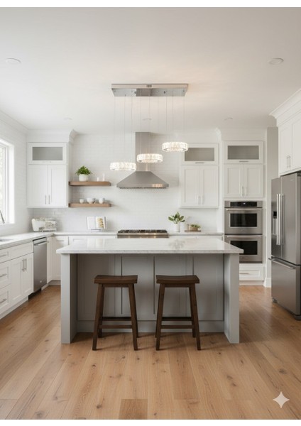 Plaket Kristal Taş Işlemeli Krom Paslanmaz Ledli Avize 20 cm Yemek Masası