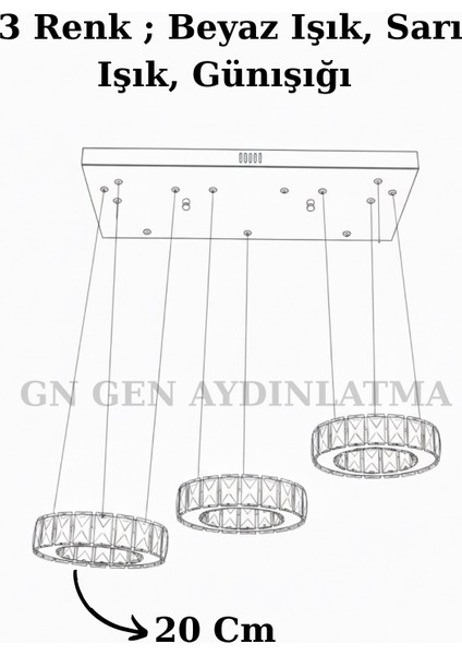 Plaket Kristal Taş Işlemeli Krom Paslanmaz Ledli Avize 20 cm Yemek Masası