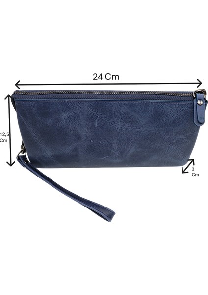 Hakiki Eskitme Deri El Geçirme ve Bileklikli Unisex El Portföyü - Lacivert