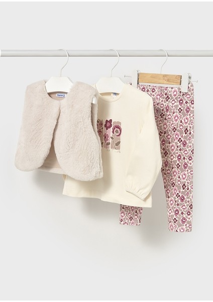 Kız Bebek 3’lü Takım | 1-4 Yaş | Bej Tüylü Yelek, Bej Baskılı Pamuklu Tişört, Pembe Desenli Tayt fırsatları