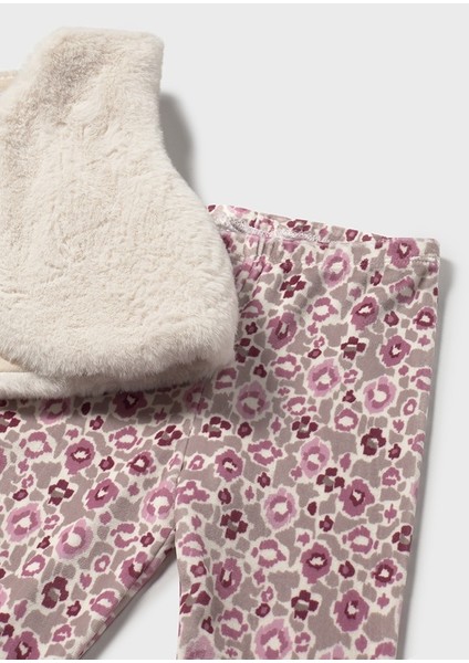 Kız Bebek 3’lü Takım | 1-4 Yaş | Bej Tüylü Yelek, Bej Baskılı Pamuklu Tişört, Pembe Desenli Tayt