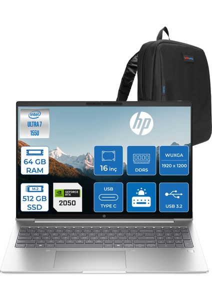 Probook 460 G11 Intel Core Ultra 7 155H Ddr5 64GB 512GB SSD Freedos RTX2050 4gb 16" Wuxga (1920 x 1200) IPS Taşınabilir Bilgisayar A23BYEAF27 + Zetta Çanta