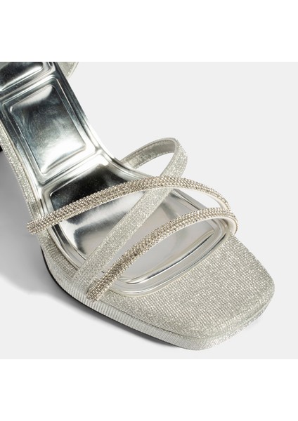 Kadın Gümüş Ayarlanabilir Tokalı Taşlı Topuklu Abiye Sandalet