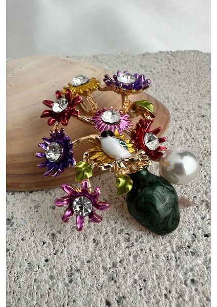 Altın Sarısı Kuş ve Inci Detay Renkli Saksıda Çiçek Broş (6cm) modelleri