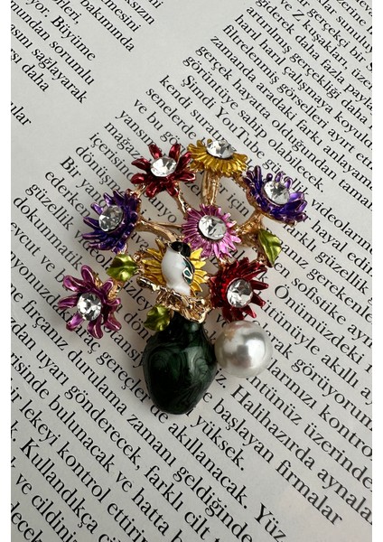 Altın Sarısı Kuş ve Inci Detay Renkli Saksıda Çiçek Broş (6cm) fırsatları