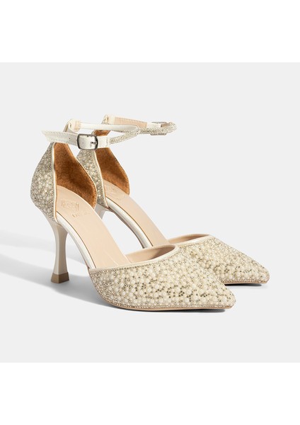 Kadın Beyaz Ayarlanabilir Tokalı Taşlı Gelin Ayakkabısı