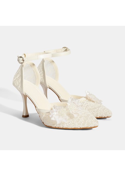 Kadın Beyaz Dantel Detaylı Taşlı Topuklu Gelin Ayakkabısı