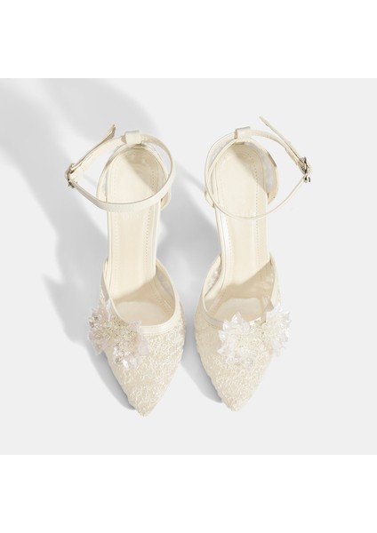 Kadın Beyaz Dantel Detaylı Taşlı Topuklu Gelin Ayakkabısı
