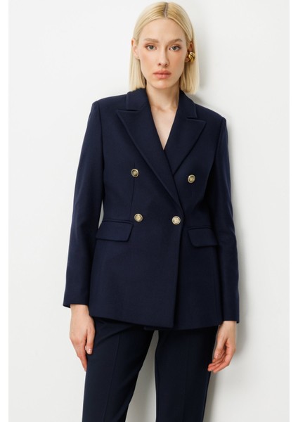 Kruvaze Yaka Kaşe Ceket Lacivert 05069