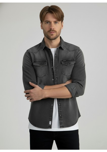 Erkek Gömlek Slim Fit Yıkamalı Kot Gömlek