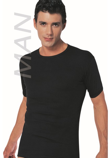 Erkek Siyah Ribana Yarım Kol Atlet % 100 Pamuklu Fanila 3'lü Paket 113-3S