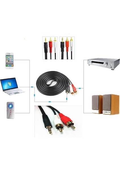 3 Metre - 3.5mm Stereo Aux Erkek To 2 Rca Ses Hoparlör Kablosu- Altın Uç indirimleri