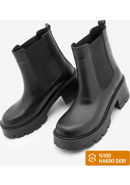 Kadın Hakiki Deri Çift Lastikli Kalın Topuklu Günlük Bot Viper Siyah