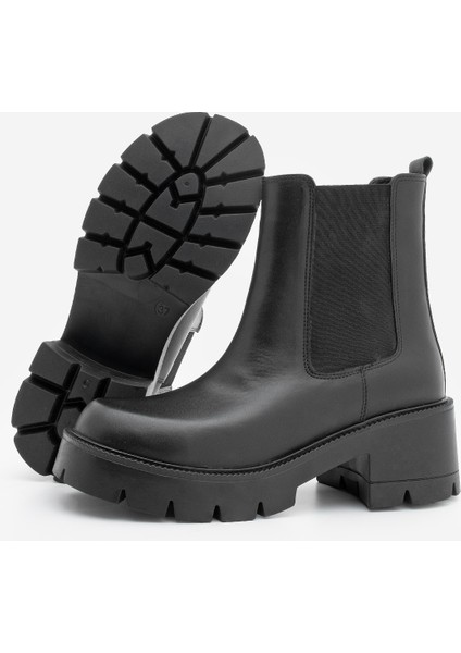 Kadın Hakiki Deri Çift Lastikli Kalın Topuklu Günlük Bot Viper Siyah
