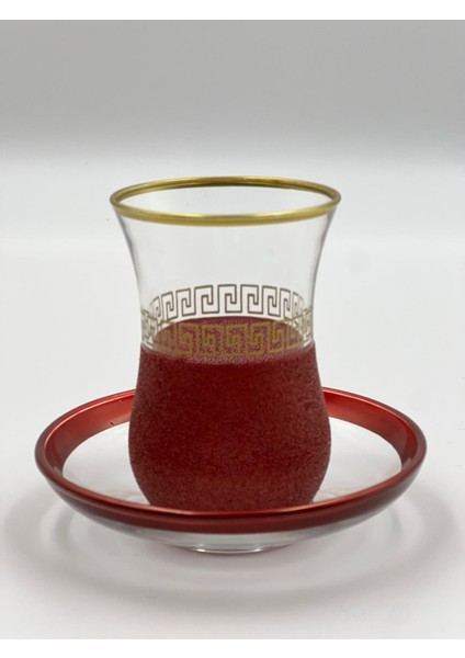 Altın Geometrik Desenli 6 Kişilik Çay Bardağı Seti Kırmızı