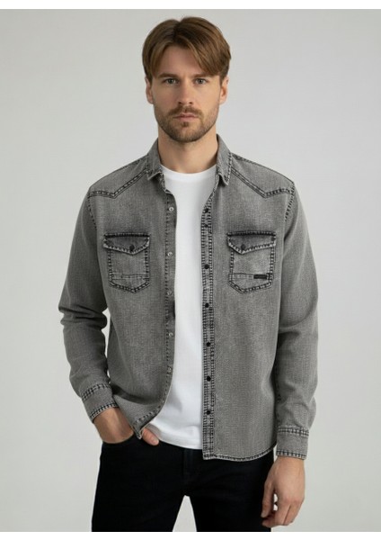 Erkek Gömlek Slim Fit Yıkamalı Kot Gömlek