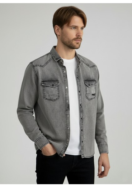 Erkek Gömlek Slim Fit Yıkamalı Kot Gömlek