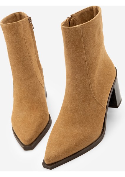Kadın Sivri Burun Fermuarlı Kalın Ökçe Topuklu Bot Ranka Taba Süet
