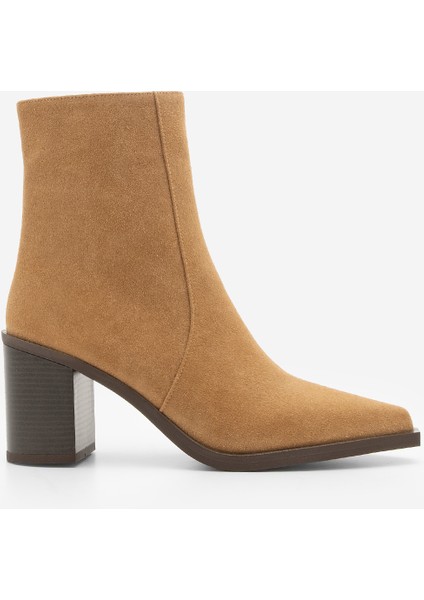 Kadın Sivri Burun Fermuarlı Kalın Ökçe Topuklu Bot Ranka Taba Süet modelleri