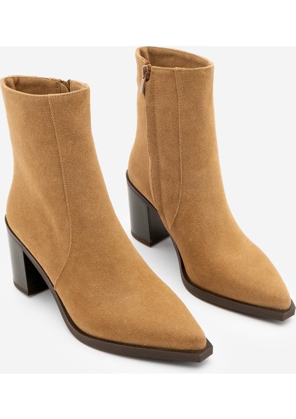Kadın Sivri Burun Fermuarlı Kalın Ökçe Topuklu Bot Ranka Taba Süet indirimleri