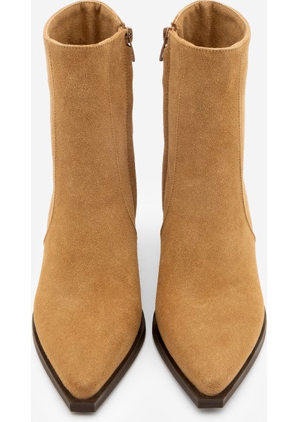 Kadın Sivri Burun Fermuarlı Kalın Ökçe Topuklu Bot Ranka Taba Süet