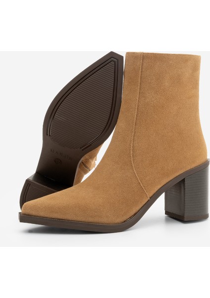 Kadın Sivri Burun Fermuarlı Kalın Ökçe Topuklu Bot Ranka Taba Süet