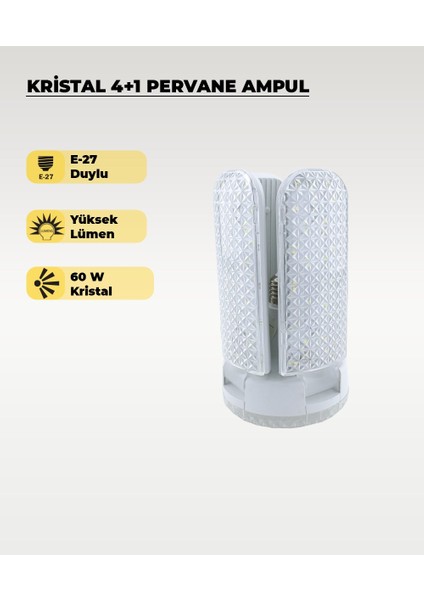 60W Kristal Pervane 4+1 Kanatlı Ampul 6500K Beyaz Işık