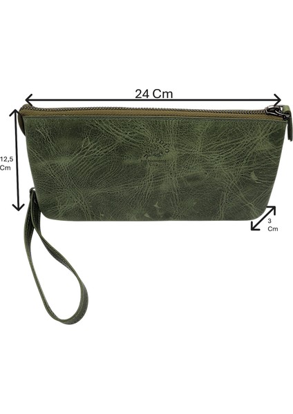 Hakiki Eskitme Deri El Geçirme ve Bileklikli Unisex El Portföyü - Yeşil