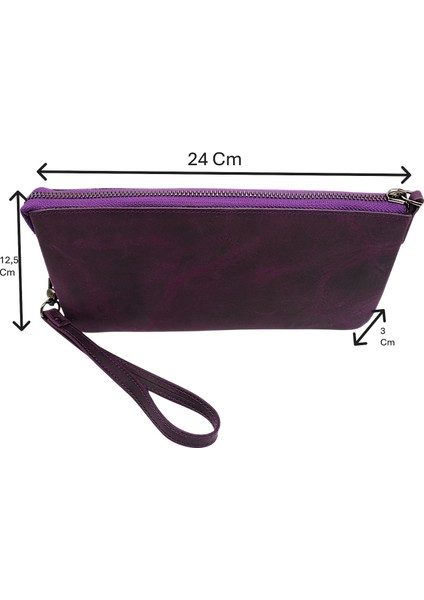 Hakiki Eskitme Deri El Geçirme ve Bileklikli Unisex El Portföyü - Mor