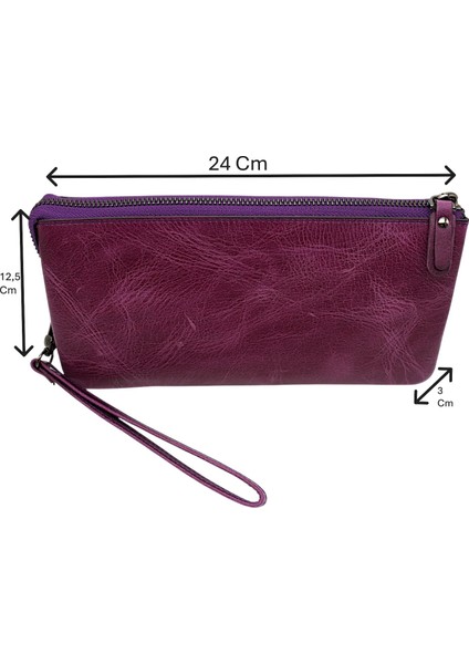 Hakiki Eskitme Deri El Geçirme ve Bileklikli Unisex El Portföyü - Mürdüm