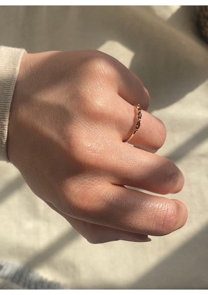 14 Ayar Altın Minimal Markiz Kesim Kahverengi Yüzük indirimleri