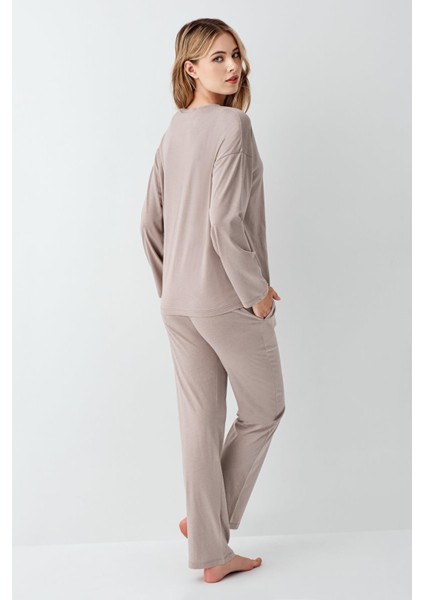 Kadın Modal Pamuklu Bisiklet Yaka Uzun Kollu Rahat Düz Pijama Takım fırsatları