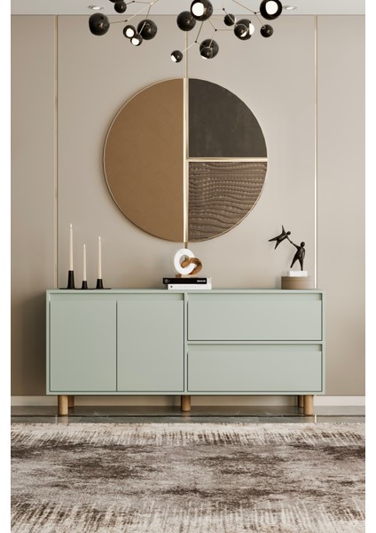 Mila Mint Yeşili Mdf 160 cm Raflı Konsol