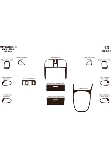 Mitsubishi Carisma Konsol-Torpido Kaplama 1999-2004 13 Parça Koyu Meşe