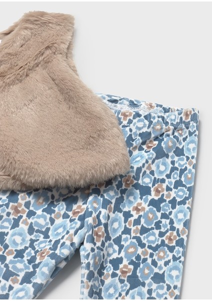 Kız Bebek 3’lü Takım | 1-4 Yaş | Kahve Tüylü Yelek, Bej Baskılı Pamuklu Tişört, Mavi desenli Tayt fırsatları