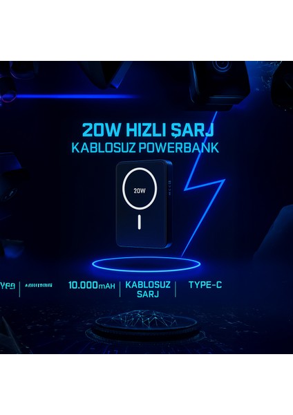 20W Hızlı Şarj Kablosuz Powerbank 10000MAH Type-C Girişli Siyah Taşınabilir Şarj Aleti Güçlü Batarya Uzun Ömürlü Taşınabilir Güç Kaynağı