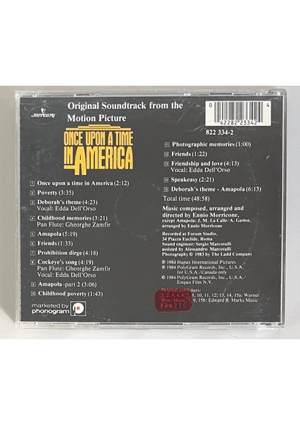Ennio Morricone Once Upon A Time In America CD (Original Motion Picture Soundtrack) (Orijinal Dönem Baskı Cd) fiyatları