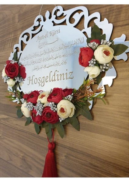 Lazer Kesim Gümüş Renk Aynalı Çiçekli( Kırmızı -Krem ) Ayetel Kürsi Hoşgeldiniz Yazılı Kapı Süsü fiyatları