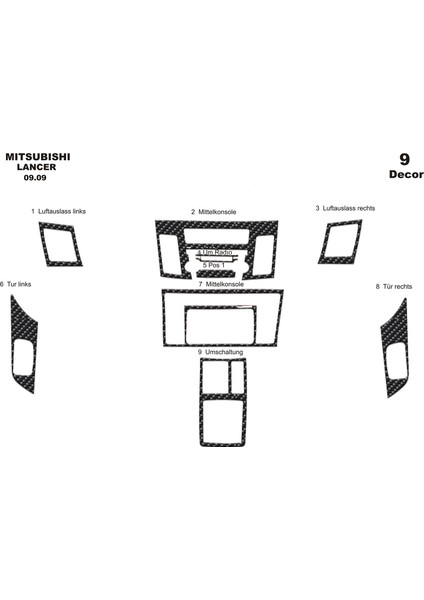 Mitsubishi Lancer Konsol-Torpido Kaplama 2009 9 Parça Karbon