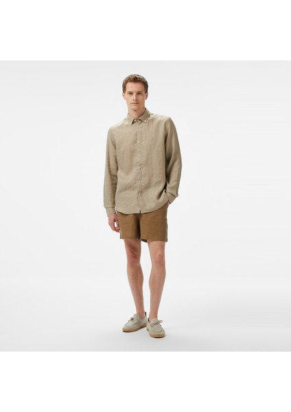 Erkek Bej Classic Fit Keten Gömlek modelleri