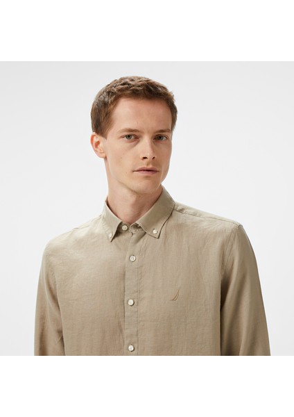 Erkek Bej Classic Fit Keten Gömlek fırsatları