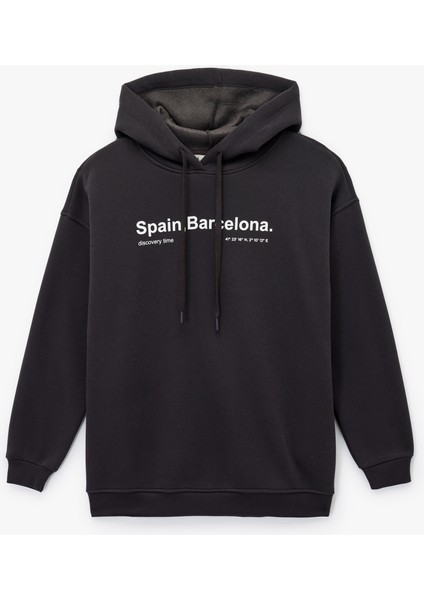 Uzun Kollu Kapüşonlu Arkası Baskılı Oversize Sweatshirt