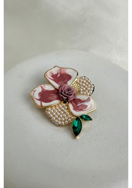 Altın Sarısı Gül Detay Incili Çiçek Broş (4cm)