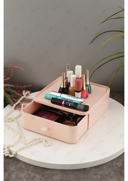 Esta Tek Katlı Makyaj Organizeri Pembe Renk Çok Amaçlı Çekmeceli Organizer
