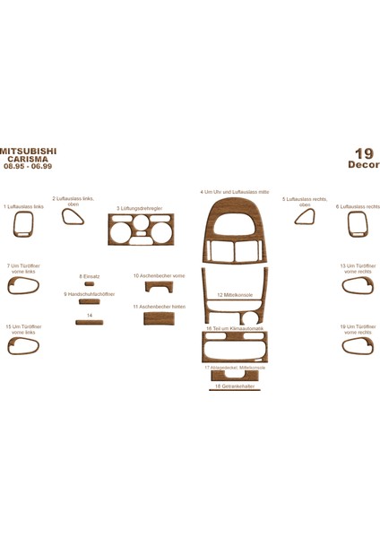 Mitsubishi Carisma Konsol-Torpido Kaplama 1995-1999 19 Parça Açık Meşe