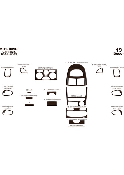 Mitsubishi Carisma Konsol-Torpido Kaplama 1995-1999 19 Parça Koyu Meşe