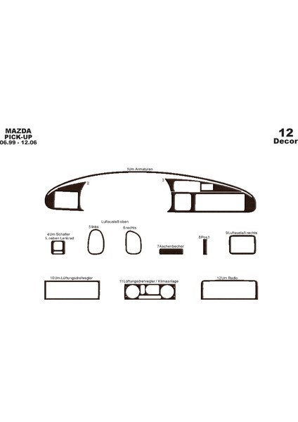 Mazda Pick Up Konsol-Torpido Kaplama 1999-2006 12 Parça Koyu Meşe