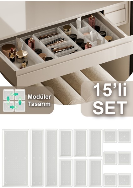 Origami 15'li Makyaj Organizeri Çekmece Içi Düzenleyici Set Şeffaf 6k-60-2b-1xl