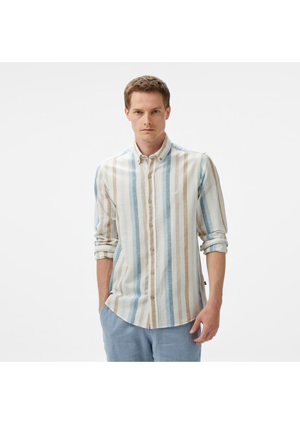 Erkek Mavi Classic Fit Çizgili Gömlek